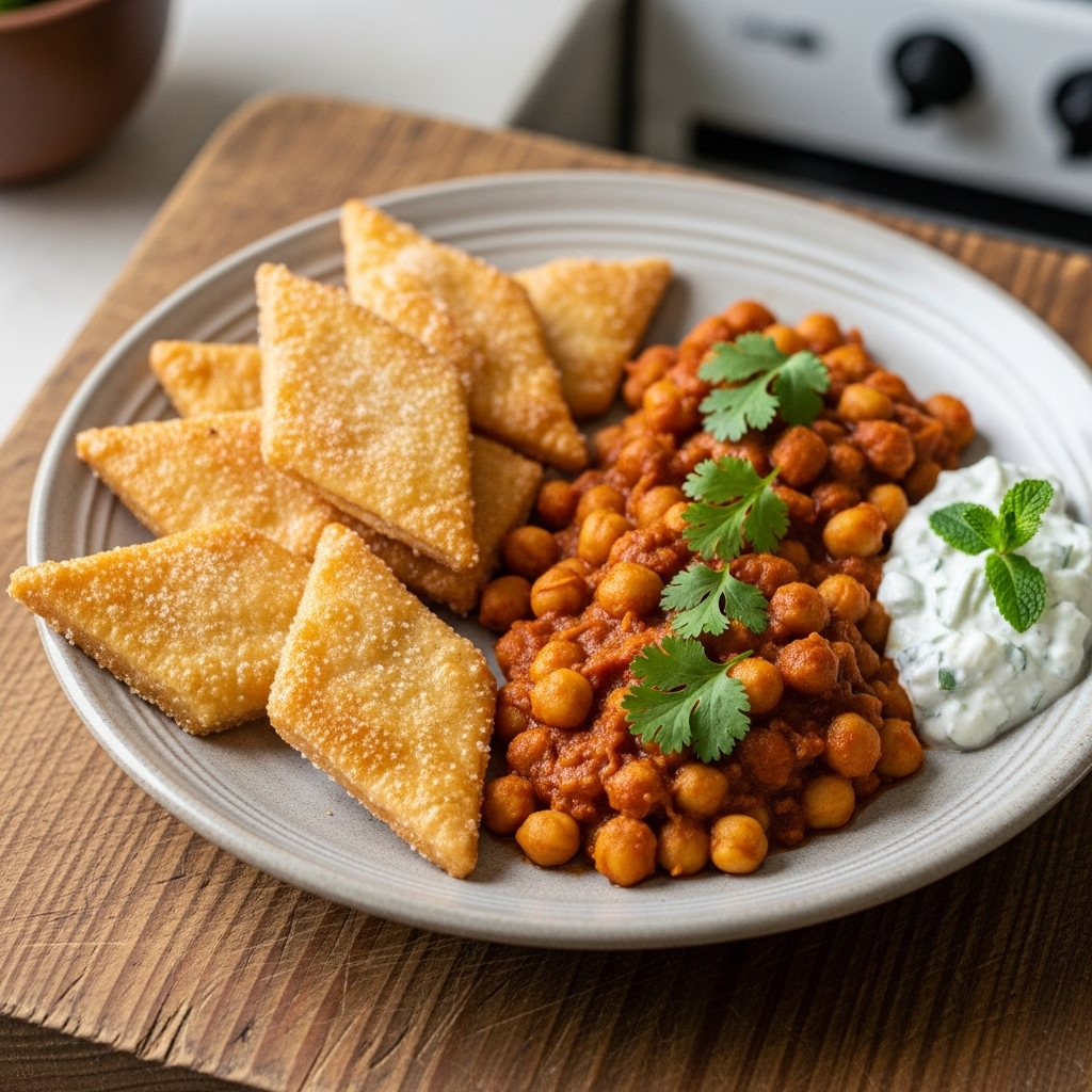“Vegan Pakistani Brunch Delight: Aromatic Shakarparas & Tasty Chana Masala”