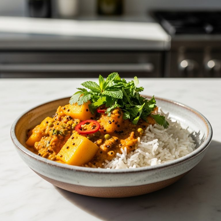 Vegan Pakistani Mango Curry & Coconut Rice Bowl with Fresh Herbs