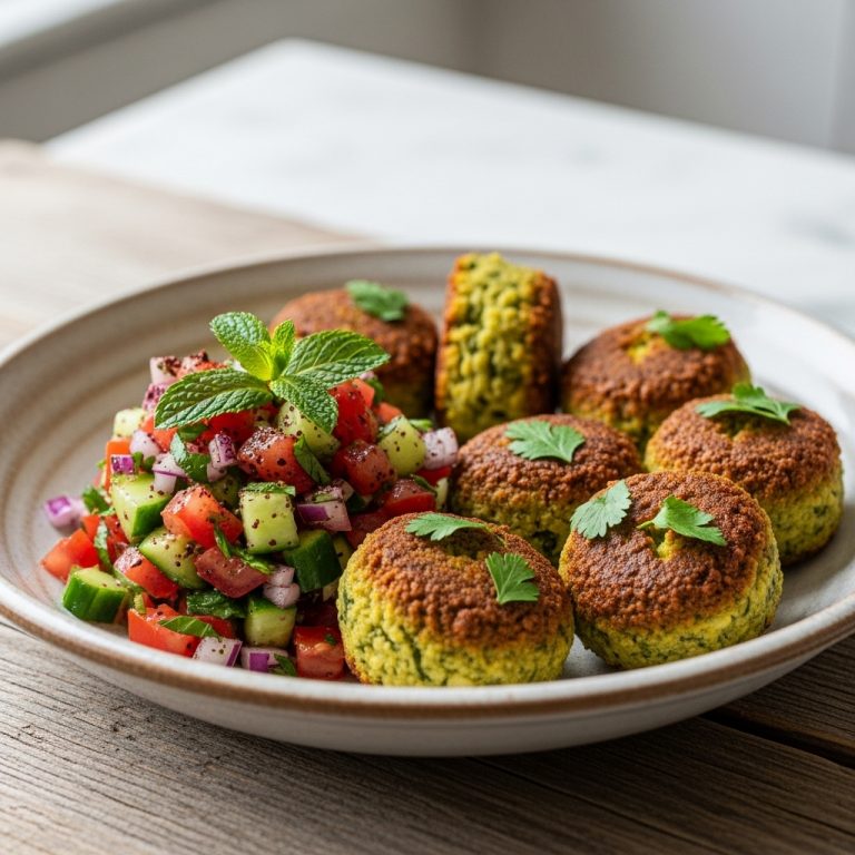 “Vegan Persian Breakfast Delight: Aromatic Herbed Falafel and Tomato-Cucumber Salad”