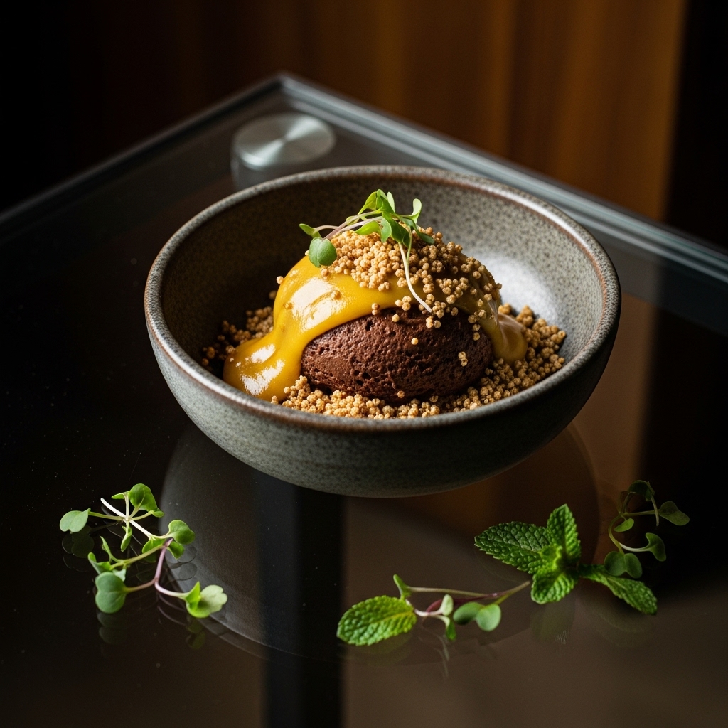 Vegan Peru-inspired Chocolate Mousse with Lucuma Caramel and Quinoa Crumble