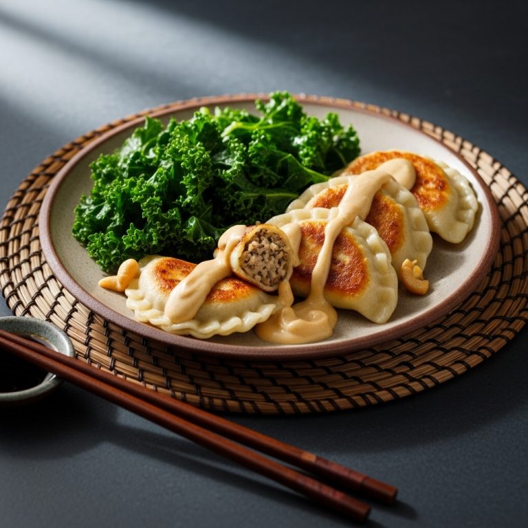 Vegan Polish Mushroom Stuffed Pierogi with Creamy Cashew Gravy and Sauteed Kale