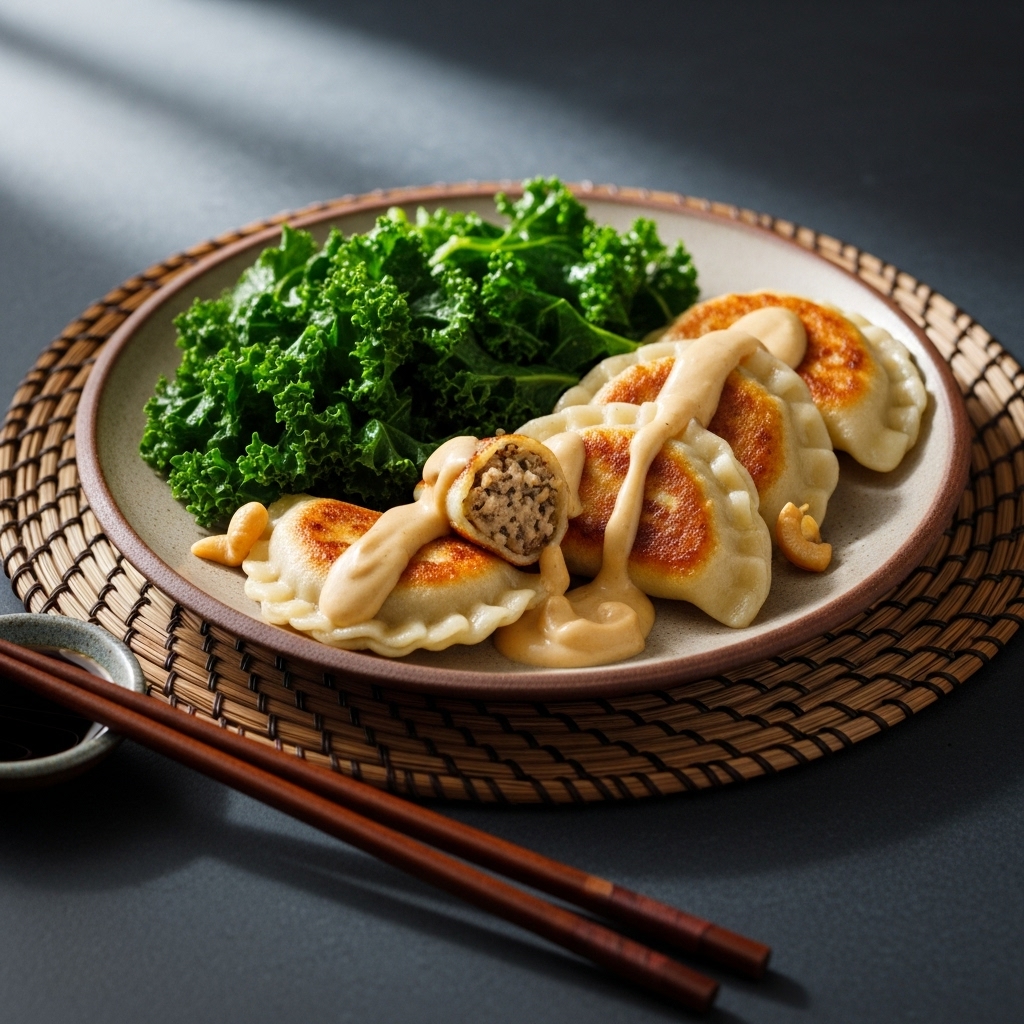 Vegan Polish Mushroom Stuffed Pierogi with Creamy Cashew Gravy and Sauteed Kale