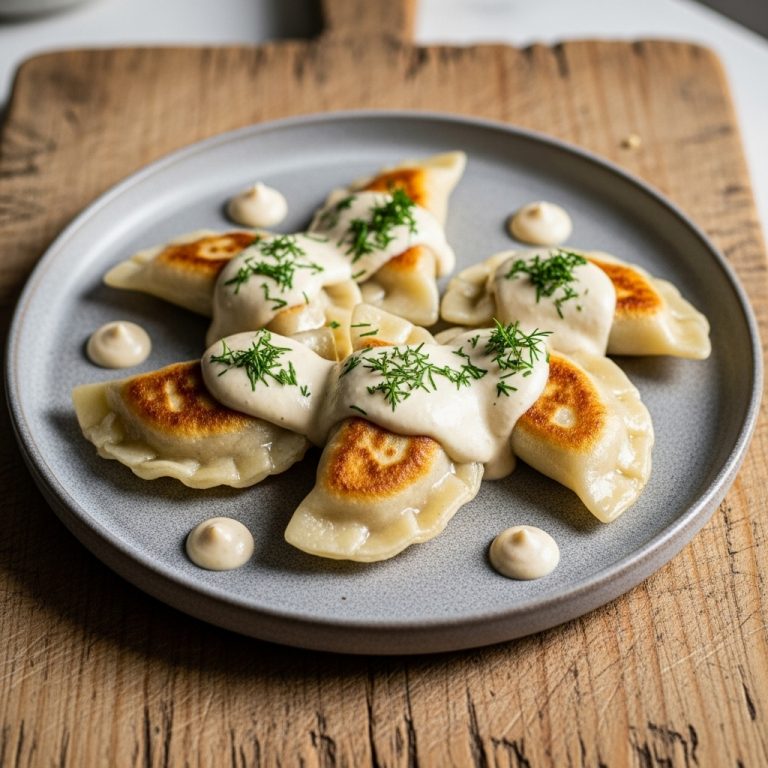 Vegan Polish Pierogi Delight: Delectable Stuffed Dumplings in Creamy Sauce