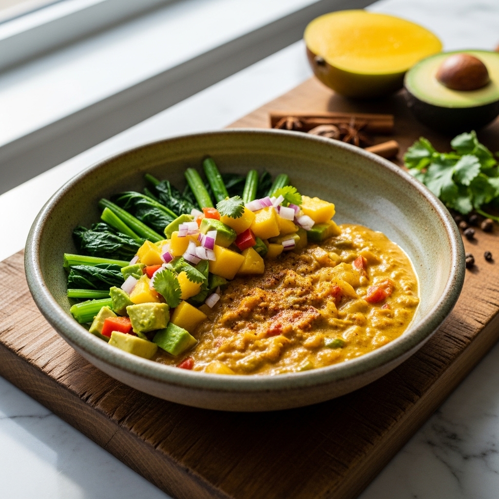 Vegan Polynesian Coconut Curry with Mango-Avocado Salsa & Steamed Greens