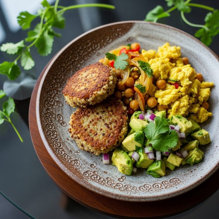 Vegan Portuguese Brunch Delight: Aromatic Quinoa Fritters with Chickpea Scramble & Avocado Salsa