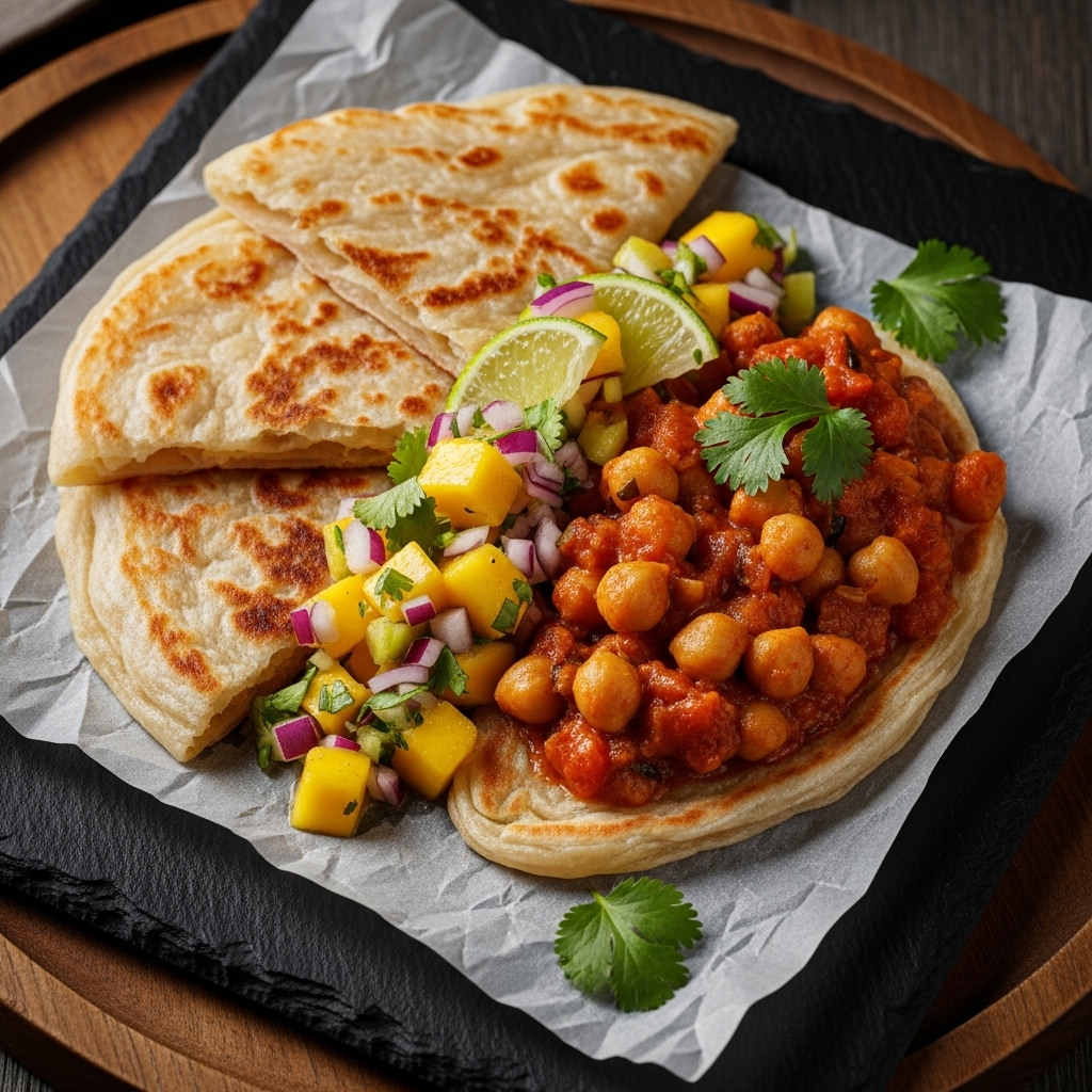 Vegan Roti Canai with Mango Salsa & Spicy Chickpea Curry