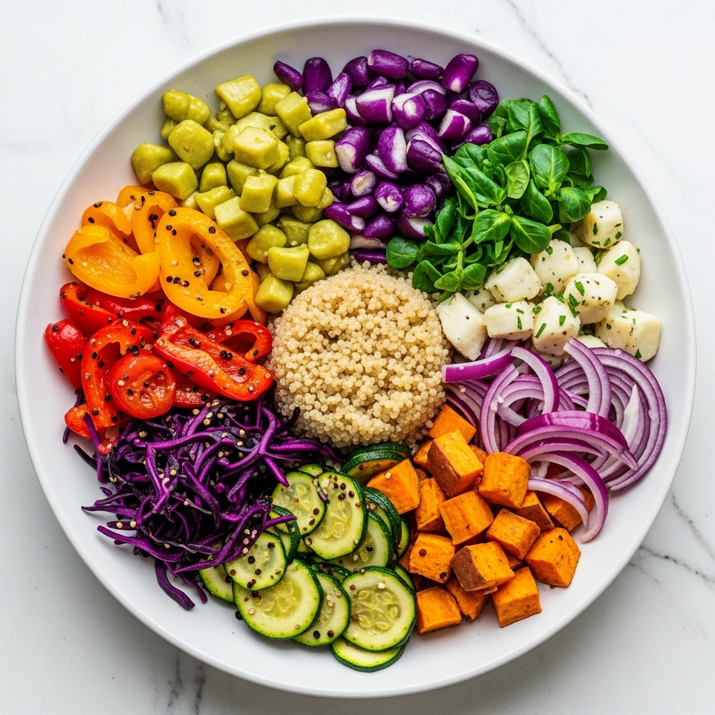“Vegan South African Rainbow Salad Bowl with Quinoa and Roasted Vegetables”