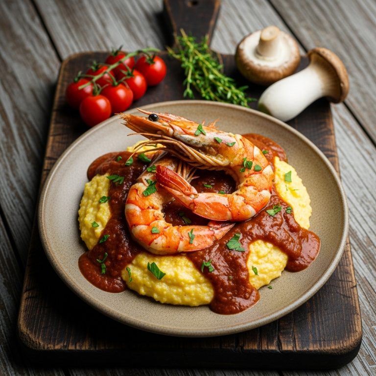 “Vegan Southern-Style Shrimp & Grits with Creamy Polenta and Smoky Tomato Gravy”