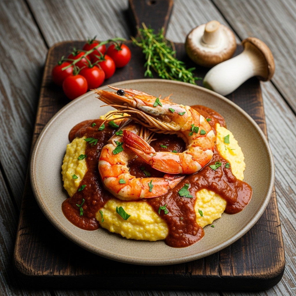 “Vegan Southern-Style Shrimp & Grits with Creamy Polenta and Smoky Tomato Gravy”