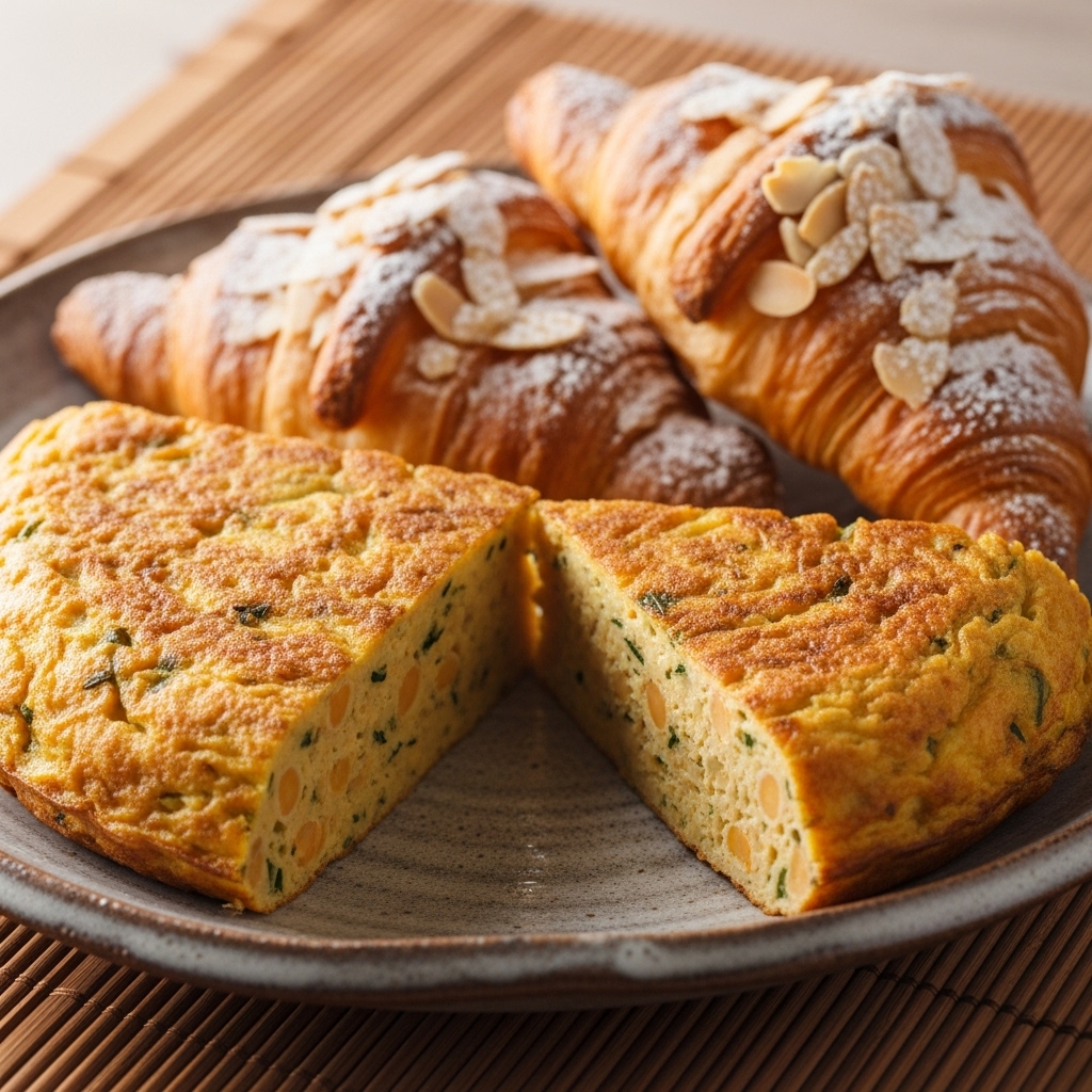 “Vegan Spanish Brunch Delight: Savory Chickpea Tortilla & Almond Croissants”