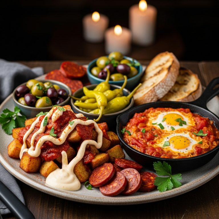 Vegan Spanish Brunch Tapas Platter: Delightful Plant-Based Patatas Bravas, Shakshuka, and Chorizo