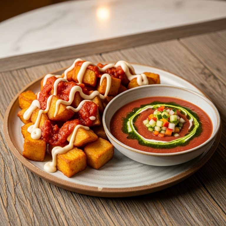 Vegan Spanish Tapas Platter: Patatas Bravas & Mixed Gazpacho