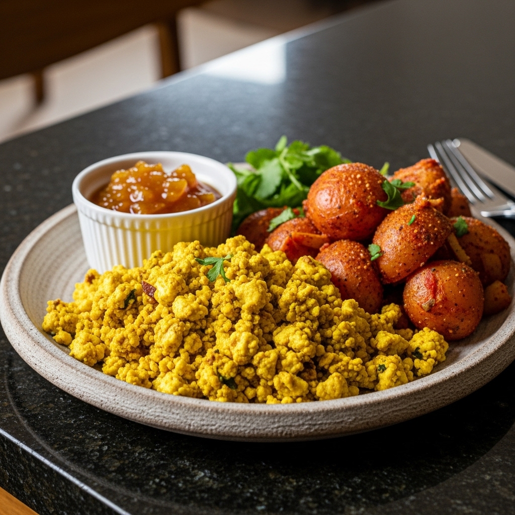 Vegan Spicy Indian Breakfast Feast: Tofu Scramble and Masala Potatoes with Mango Chutney
