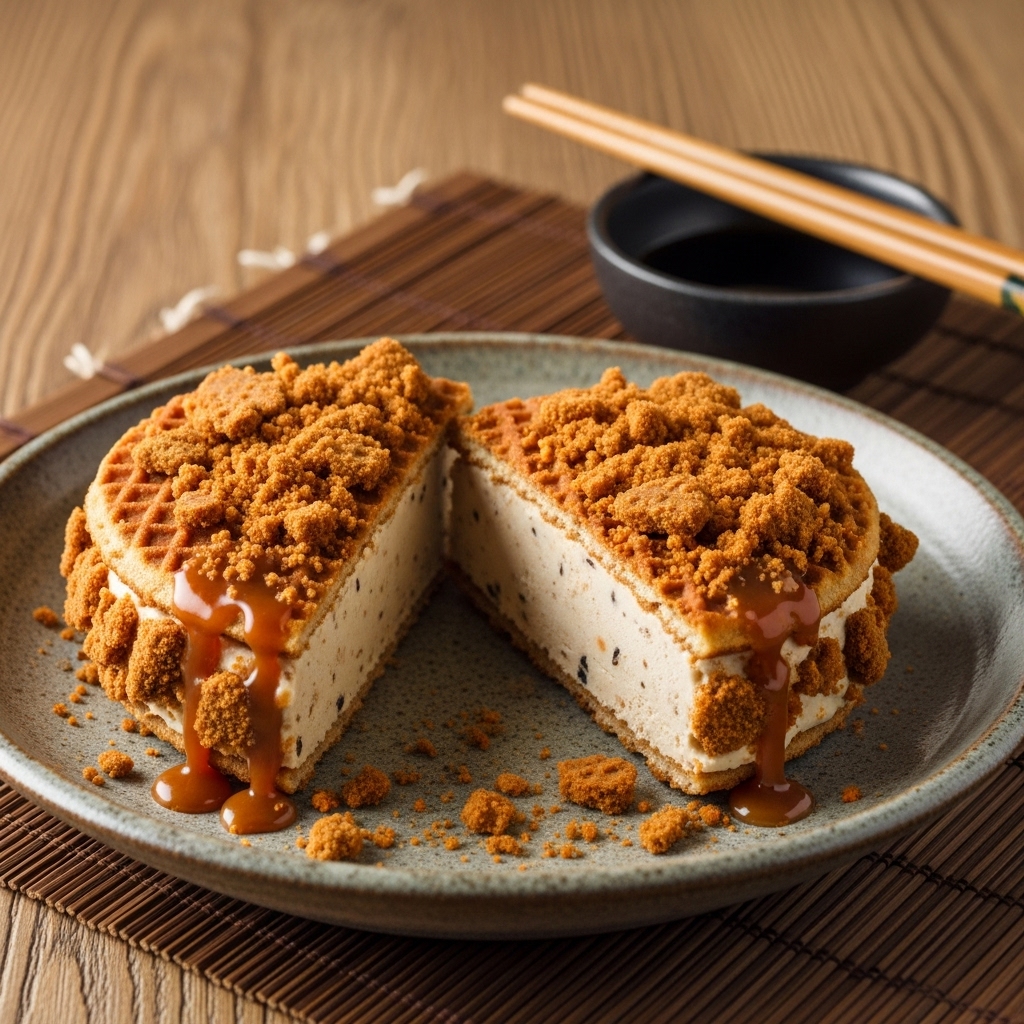 Vegan Stroopwafel Ice Cream Sandwich with Speculoos Cookie Crumble