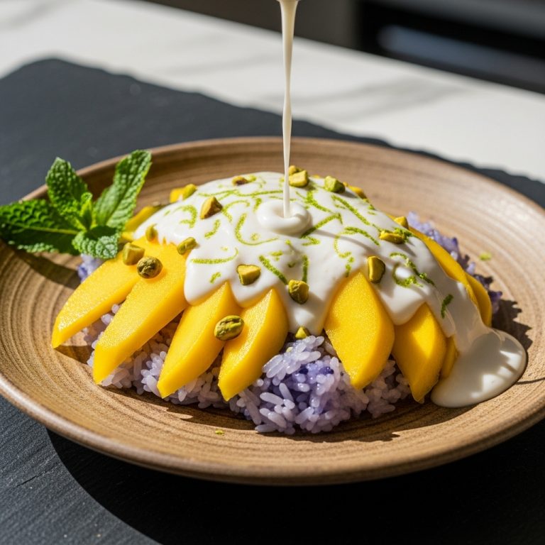 “Vegan Thai Mango Sticky Rice Delight with Coconut Lime Sauce”