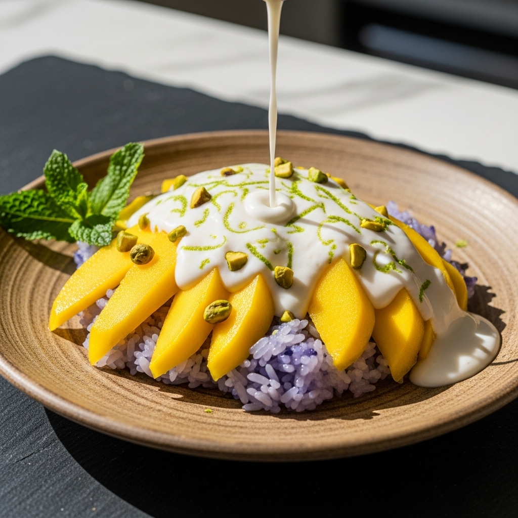 “Vegan Thai Mango Sticky Rice Delight with Coconut Lime Sauce”