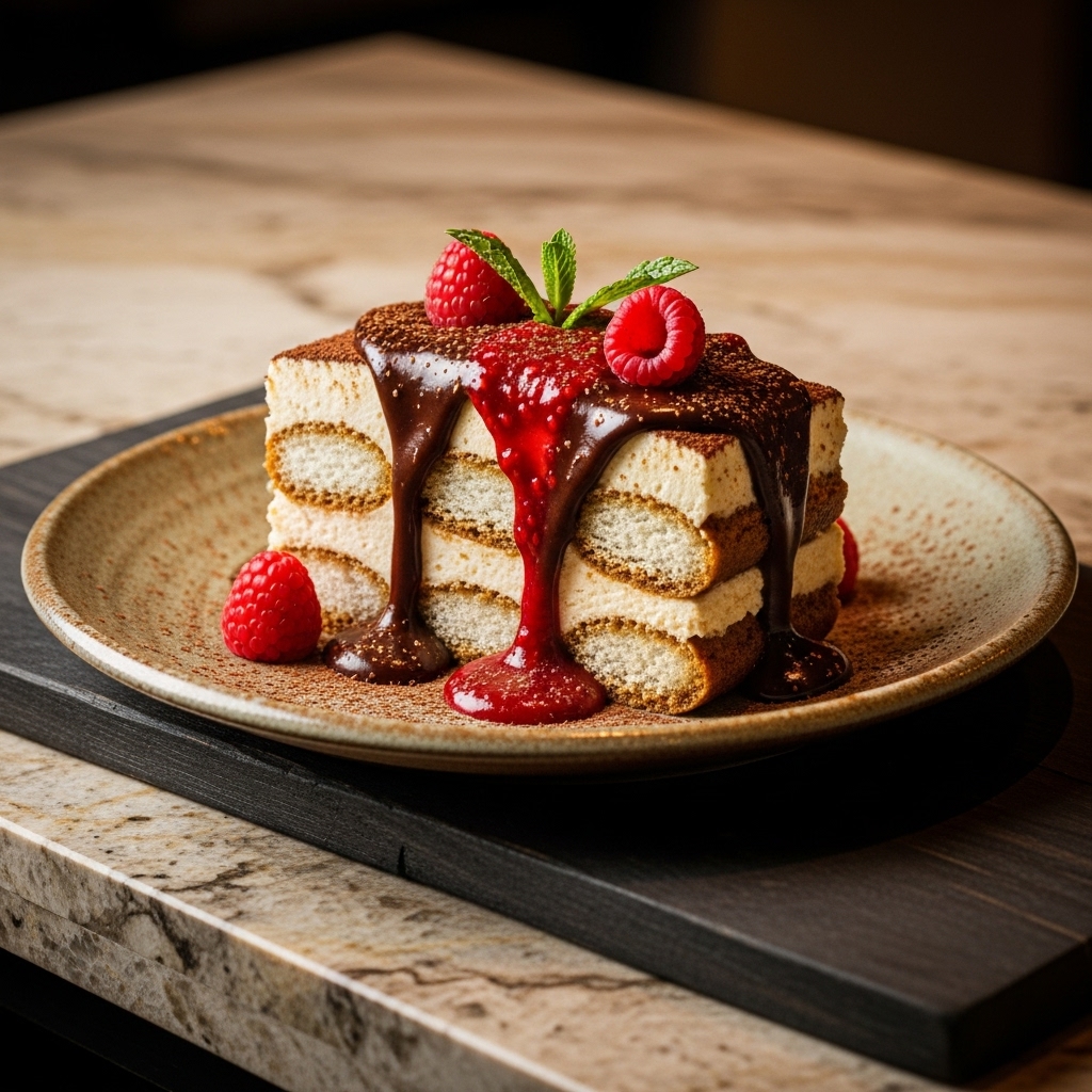 Vegan Tiramisu with Dark Chocolate and Raspberry Coulis