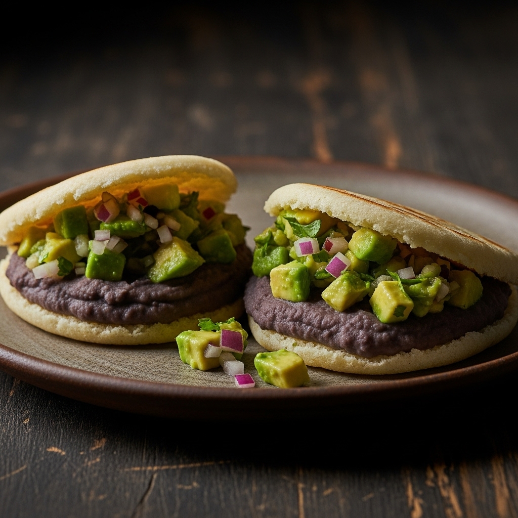 Vegan Venezuelan Arepas with Black Bean Puree and Avocado Salsa