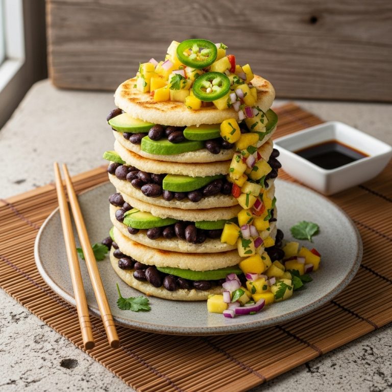 Vegan Venezuelan Brunch: Aromatic Avocado & Black Bean Arepa Stack with Tropical Salsa