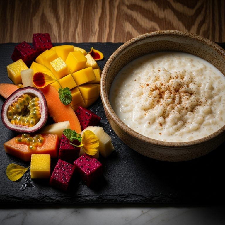 “Vegan Venezuelan Dessert: Creamy Aroz con Leche & Tropical Fruit Salad”
