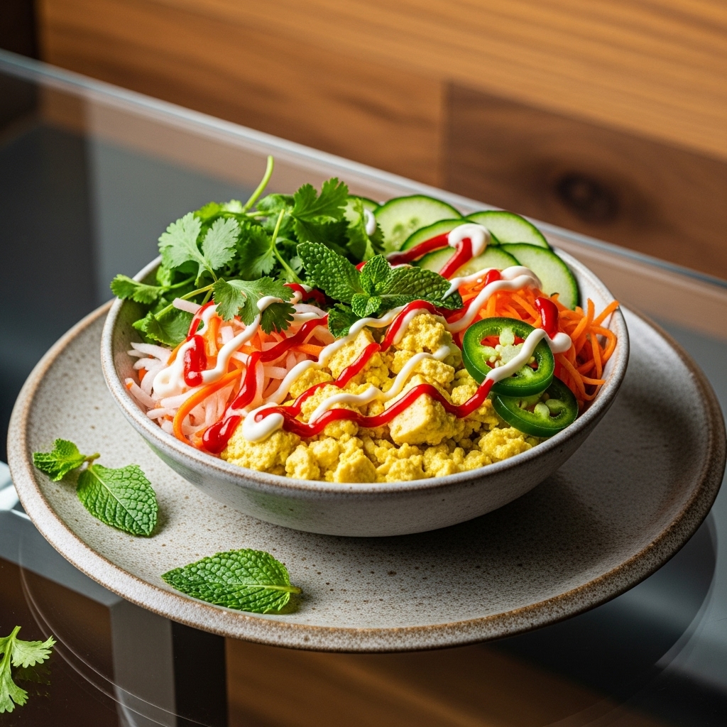 Vegan Vietnamese Breakfast Banh Mi Bowl with Tofu Scramble and Fresh Herbs