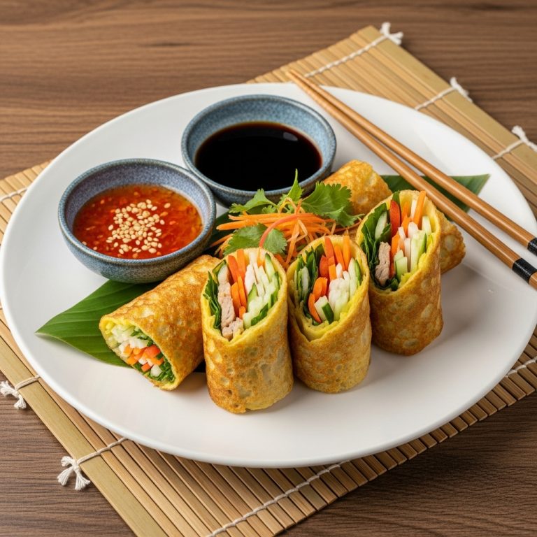 “Vegan Vietnamese Breakfast Banh Xeo Rolls with Spicy Dipping Sauce – Crispy Crepe Delight!”
