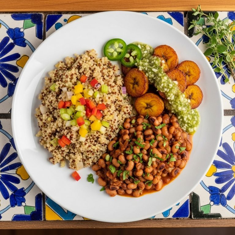 “Vegetarian Cajun-Inspired Breakfast Platter with Toasted Quinoa Risotto and Spicy Black Eyed Peas”