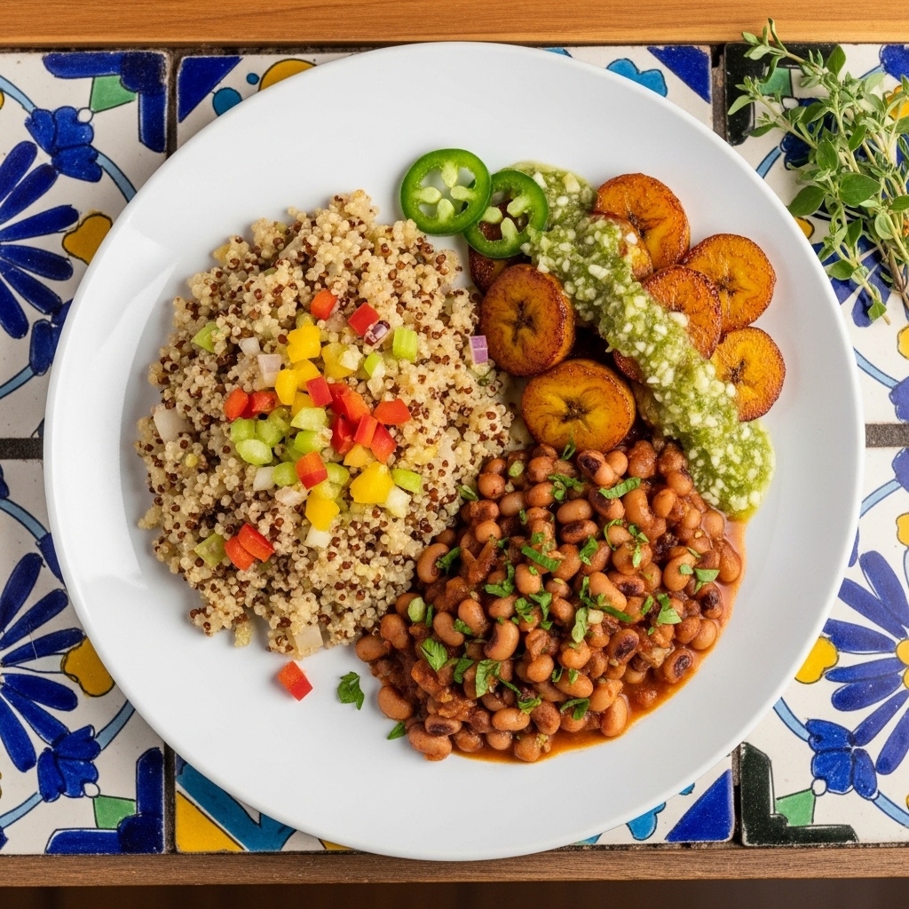 “Vegetarian Cajun-Inspired Breakfast Platter with Toasted Quinoa Risotto and Spicy Black Eyed Peas”