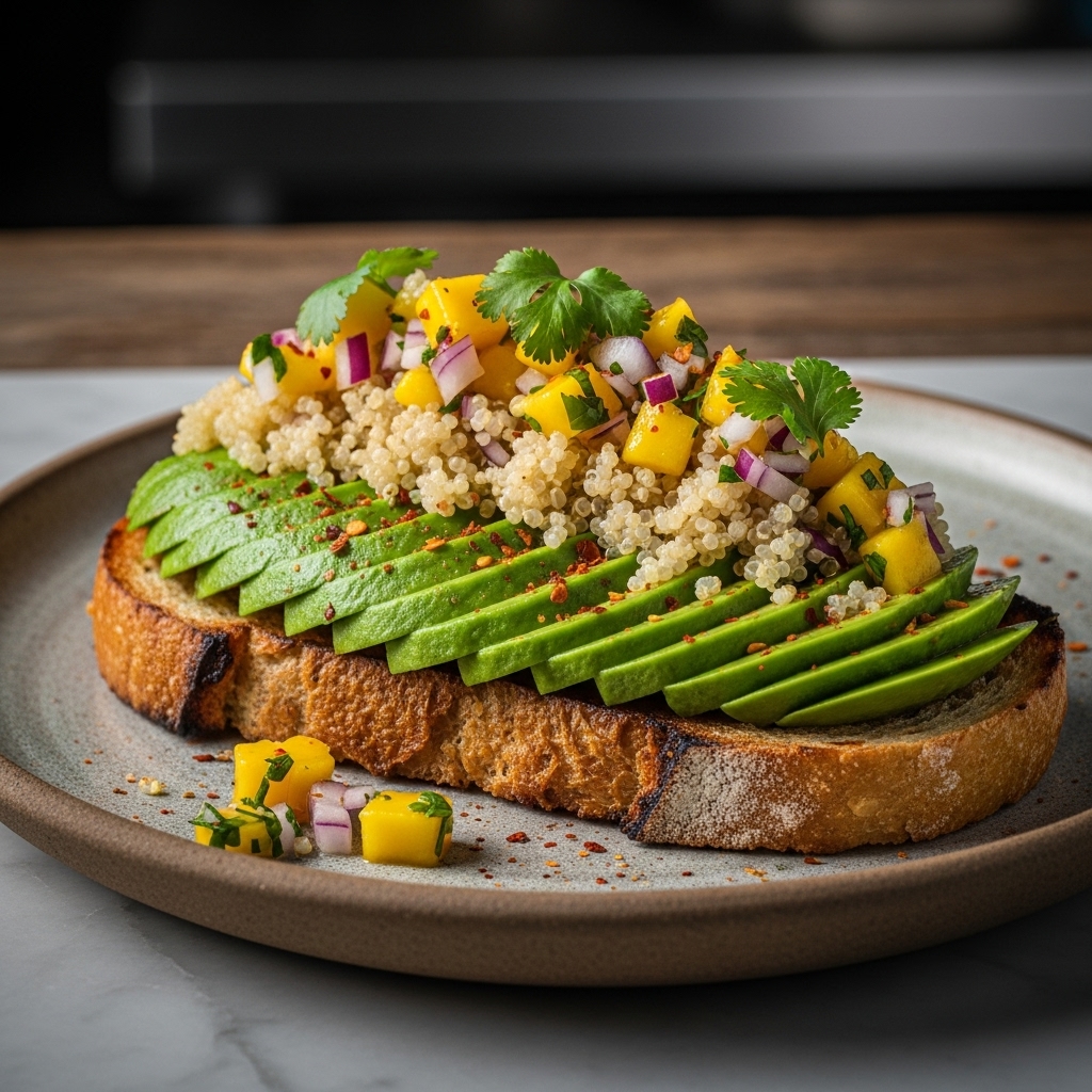 Vegetarian Colombian Brunch Delight: Aromatic Avocado Toast with Quinoa and Mango Salsa