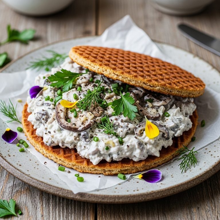 Vegetarian Dutch Snack: Stroopwafel with Mushroom Cream Cheese and Fresh Herbs