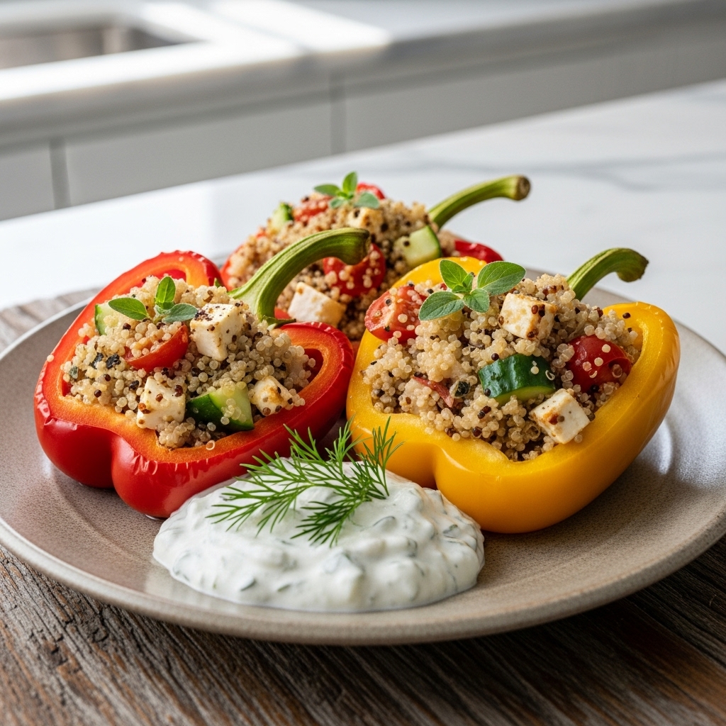 Vegetarian Greek Island Feast: Aromatic Quinoa Stuffed Bell Peppers with Creamy Tzatziki