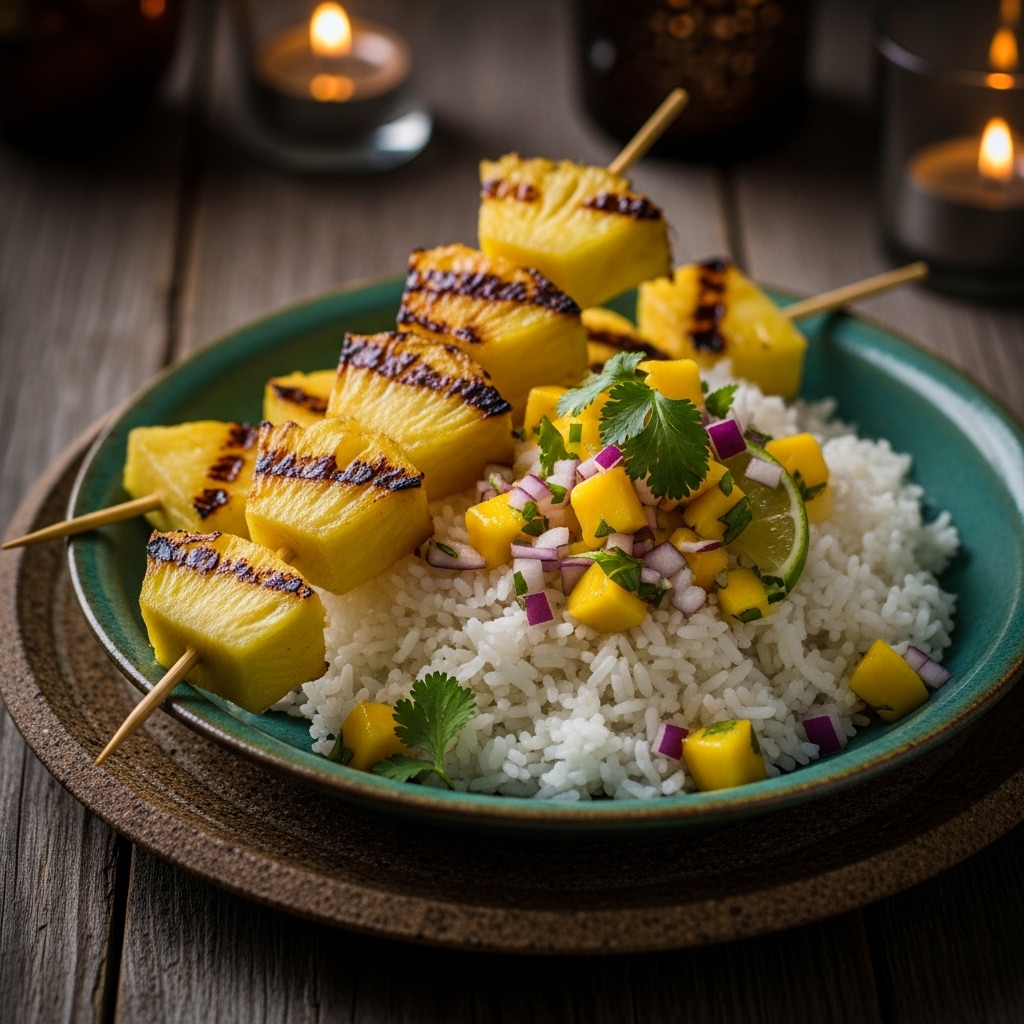 Vegetarian Hawaiian Luau: Grilled Pineapple Skewers & Coconut Rice Bowl with Mango Salsa