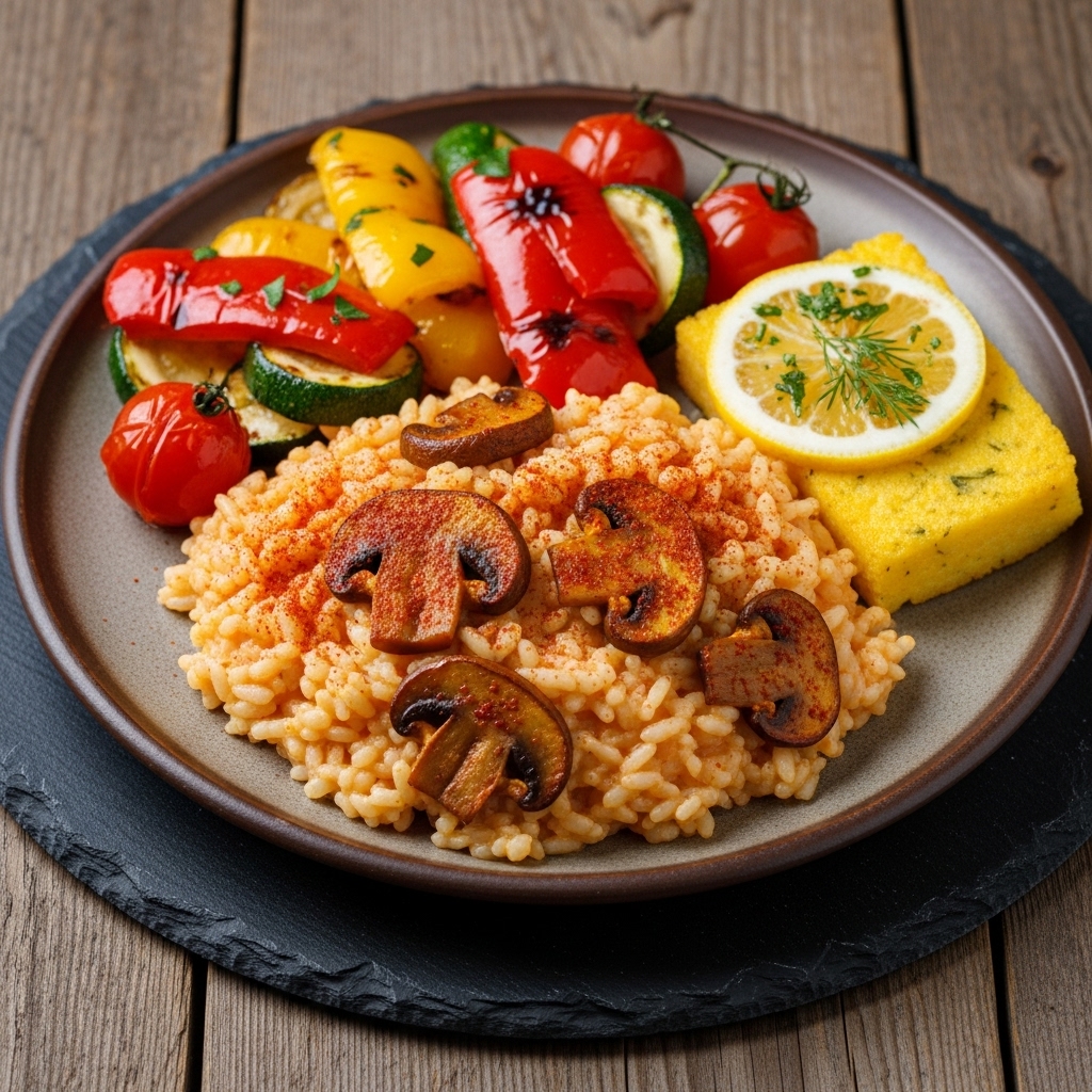 Vegetarian Hungarian Dinner: Creamy Paprika Mushroom Risotto with Roasted Vegetables and Lemon-Herb Polenta