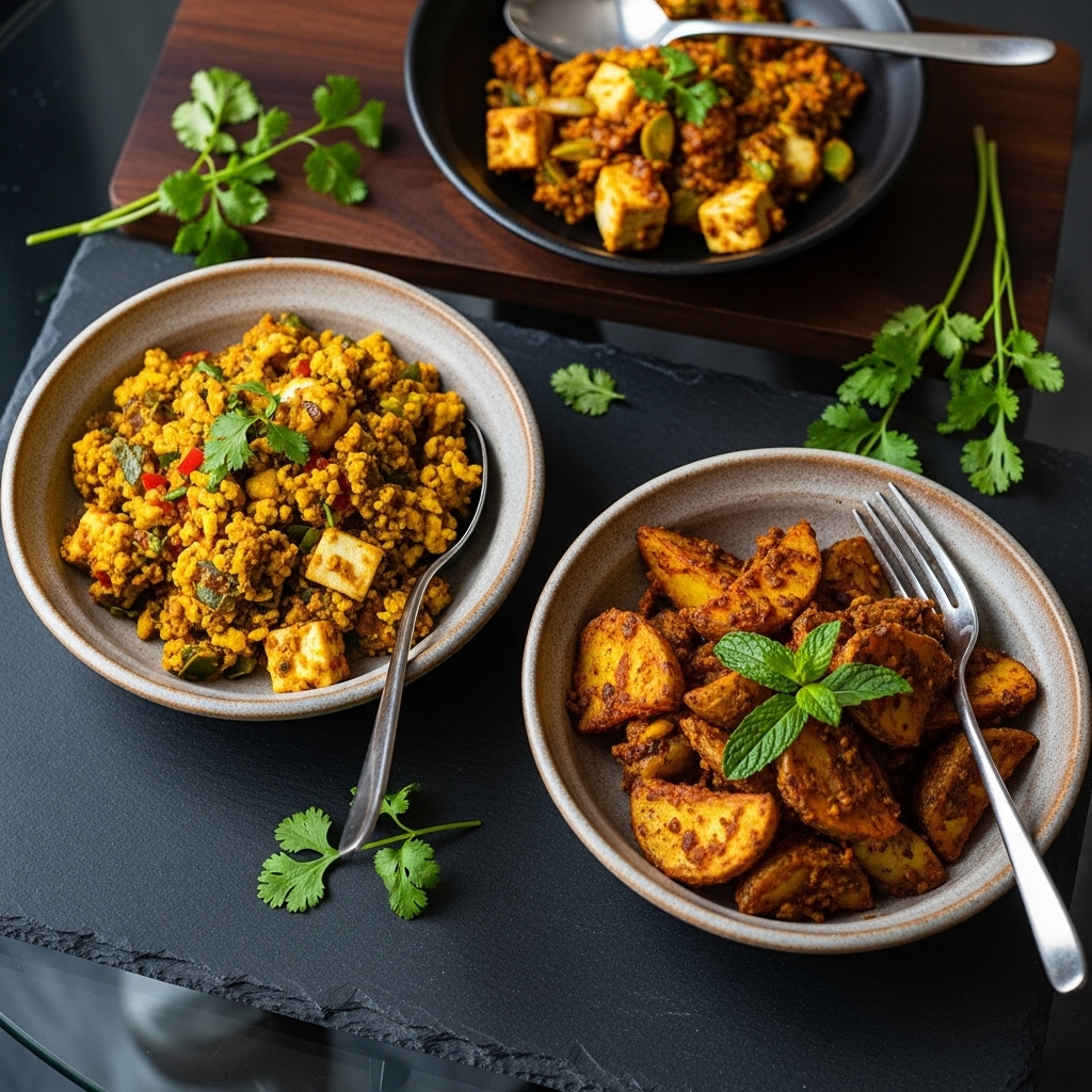 Vegetarian Indian Brunch Feast: Flavorful Paneer Bhurji Scramble and Aromatic Masala Potato Wedges