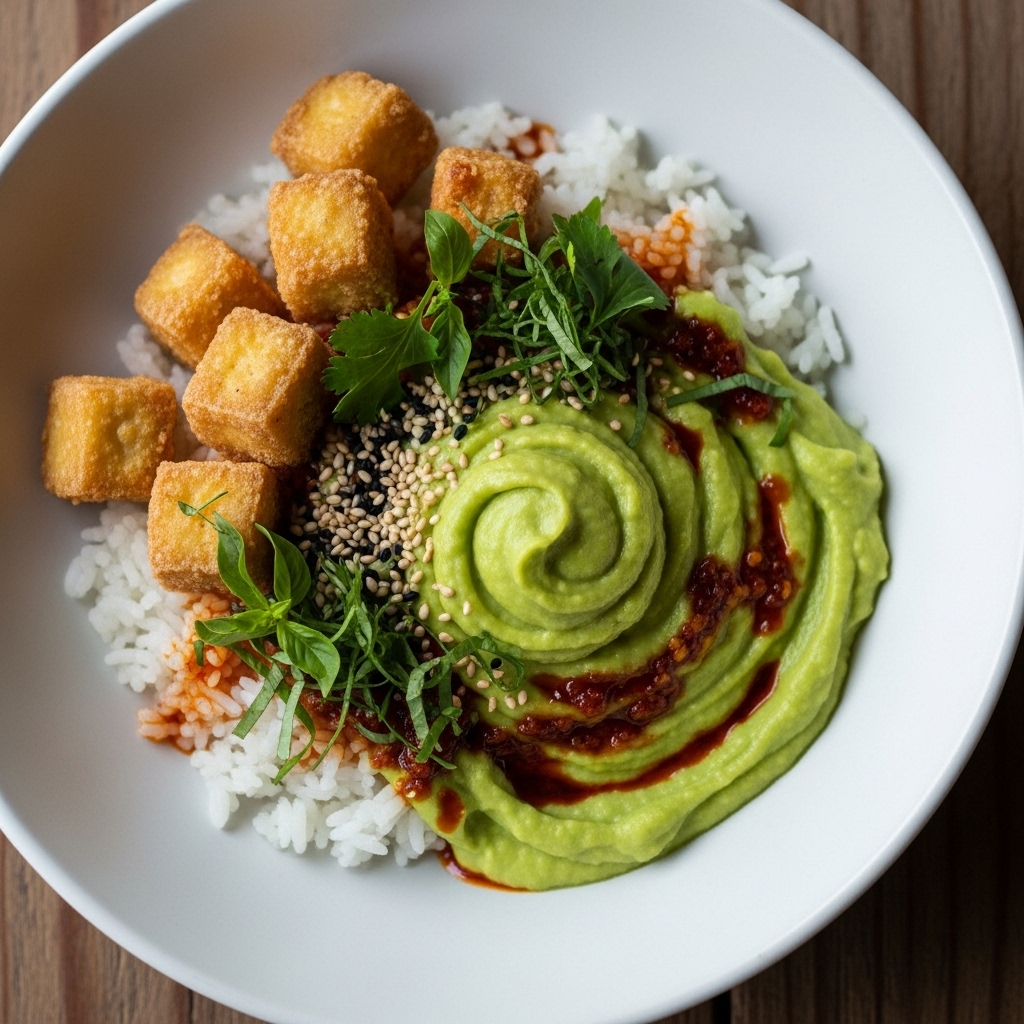Vegetarian Indonesian Brunch: Creamy Avocado Rice Bowl with Crispy Tofu