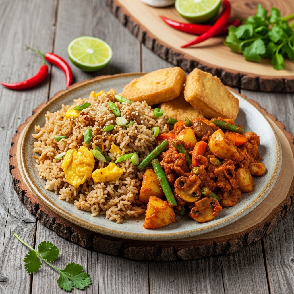 Vegetarian Indonesian Brunch Platter: Nasi Goreng Tofu & Veggie Rendang
