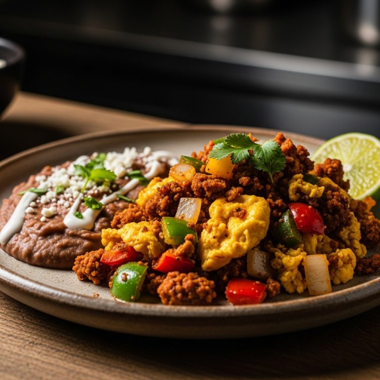 Vegetarian Mexican Breakfast Fiesta: Chorizo-Style Scramble with Homemade Refried Beans