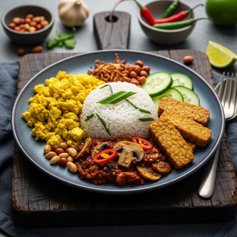 “Vegetarian Nasi Lemak with Tofu Scramble, Mushroom Sambal, and Crispy Tempeh”