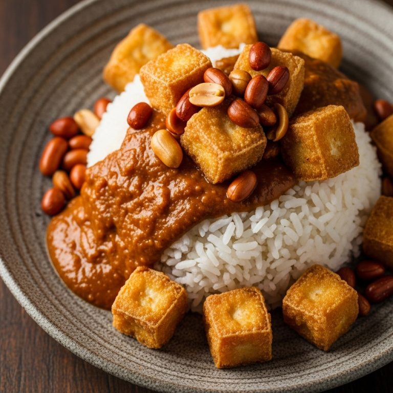 Vegetarian Nasi Lemak with Tofu and Peanut Sauce