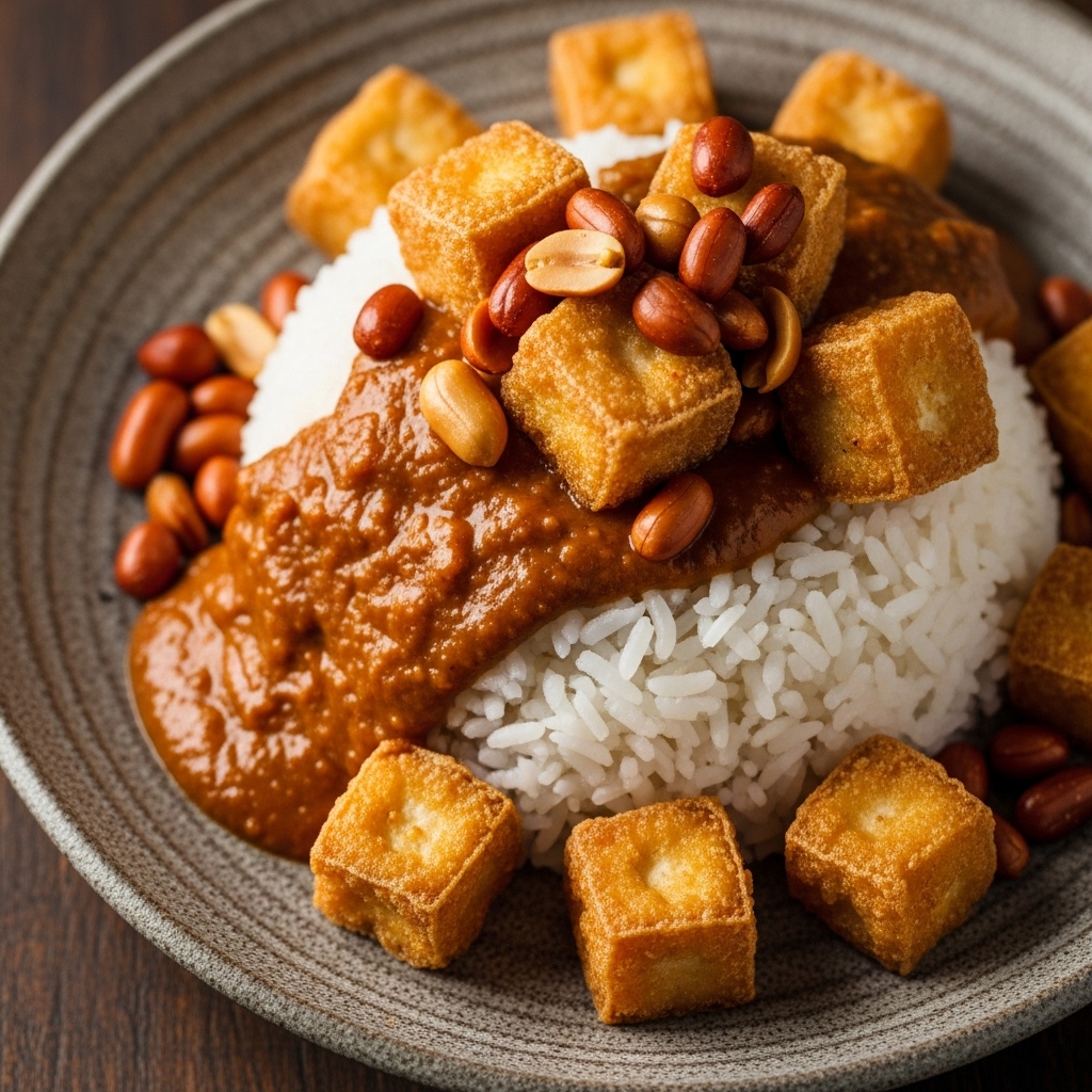 Vegetarian Nasi Lemak with Tofu and Peanut Sauce