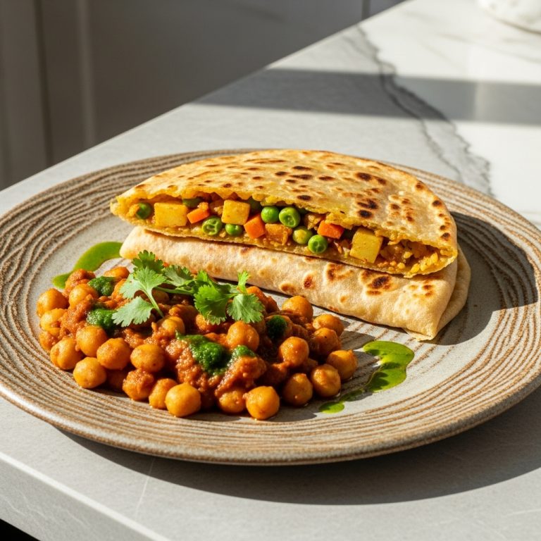 Vegetarian Pakistani Breakfast Delight: Aromatic Vegetable Paratha and Chickpea Curry