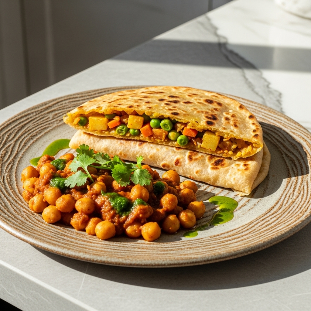 Vegetarian Pakistani Breakfast Delight: Aromatic Vegetable Paratha and Chickpea Curry