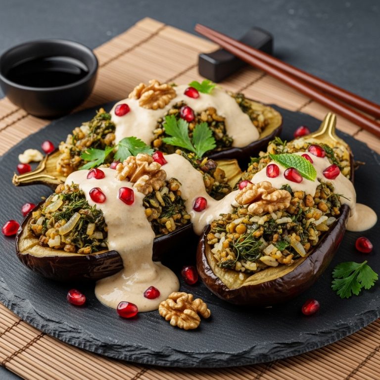 Vegetarian Persian Herb-Stuffed Eggplant Boats with Walnut Sauce