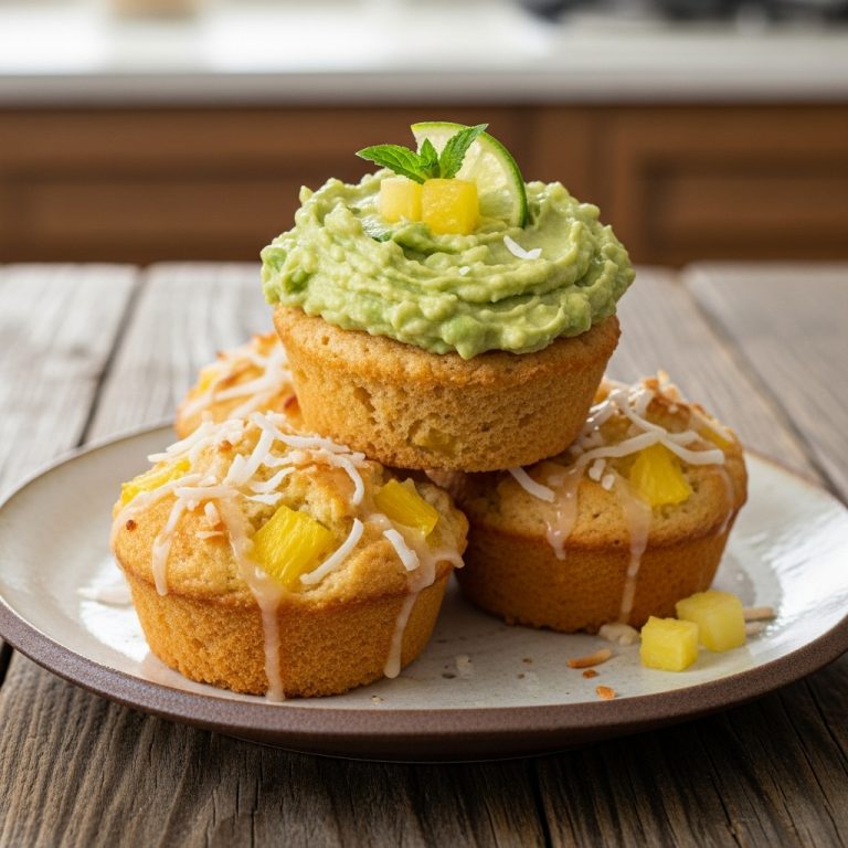 “Vegetarian Polynesian Tropical Brunch Delight: Aromatic Pineapple-Coconut Muffins with Creamy Avocado Spread”
