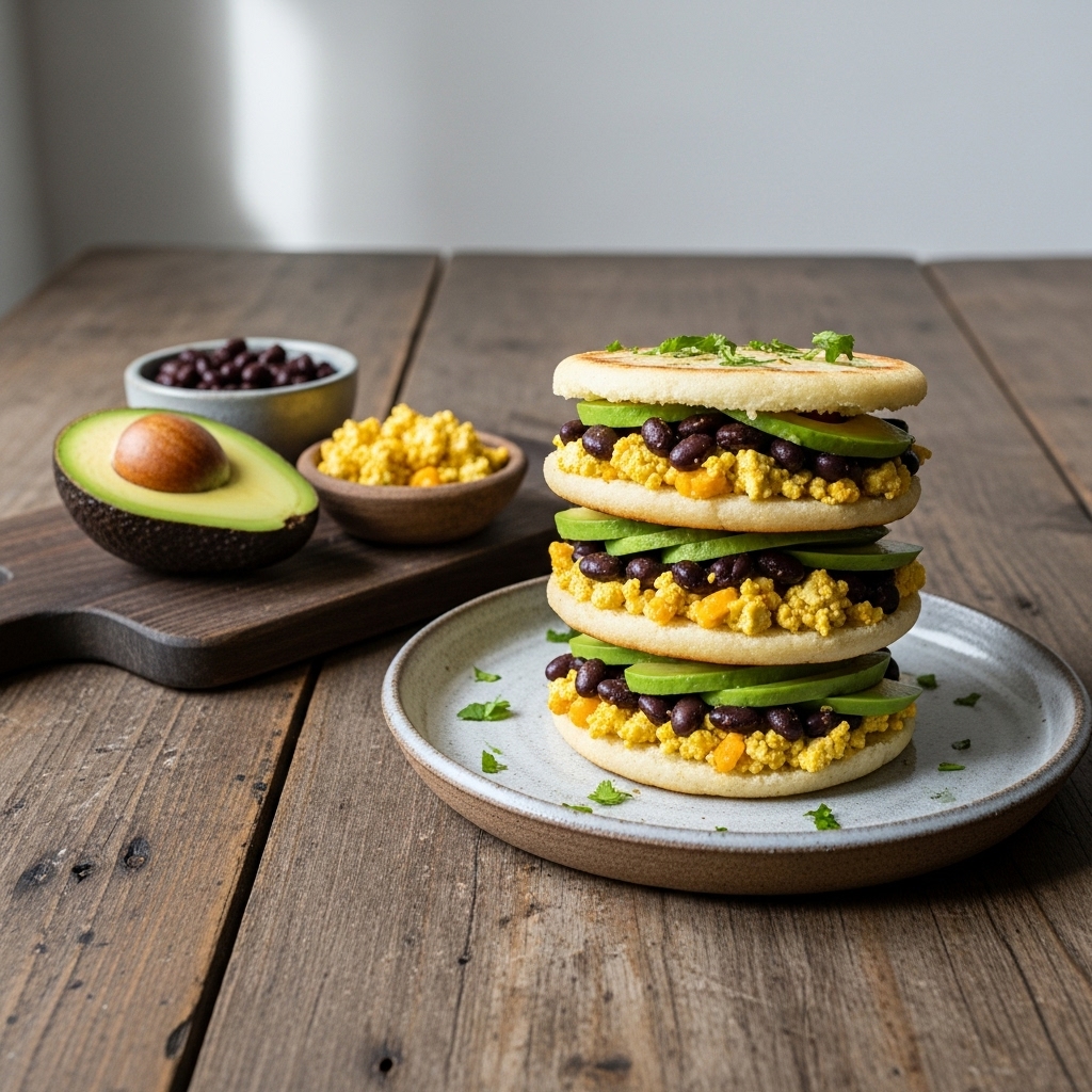 Vegetarian Venezuelan Brunch: Aromatic Arepa Stack with Avocado, Black Beans, and Cheesy Tofu Scramble