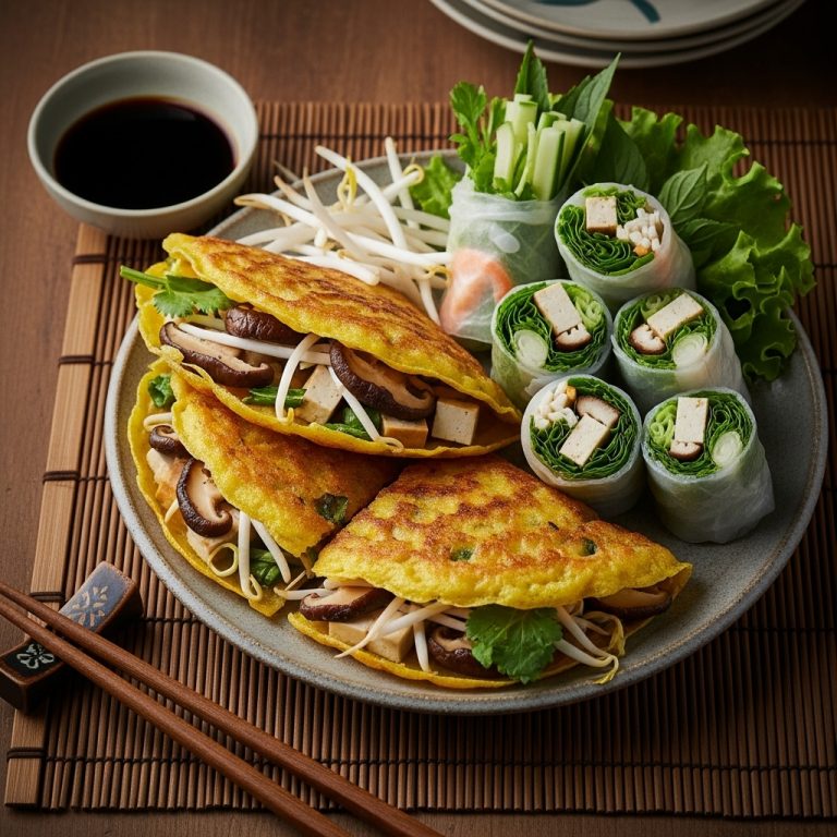 Vegetarian Vietnamese Brunch Banh Xeo – Crispy Rice Paper Rolls with Shiitake Mushrooms & Tofu