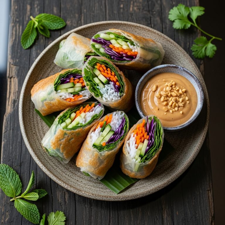“Vegetarian Vietnamese Spring Rolls with Crispy Rice Paper & Creamy Peanut Sauce”