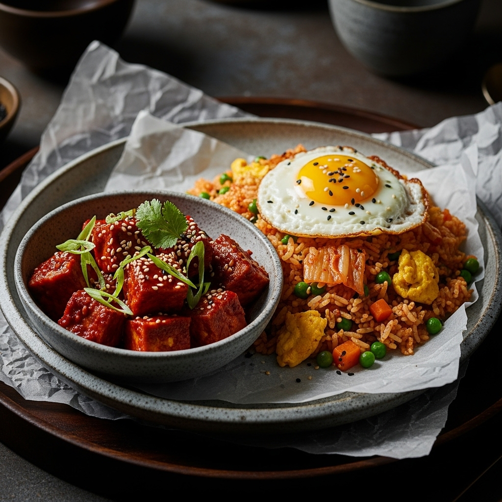 Veggie-Delight Korean Brunch: Spicy Tofu Bowl & Kimchi Fried Rice