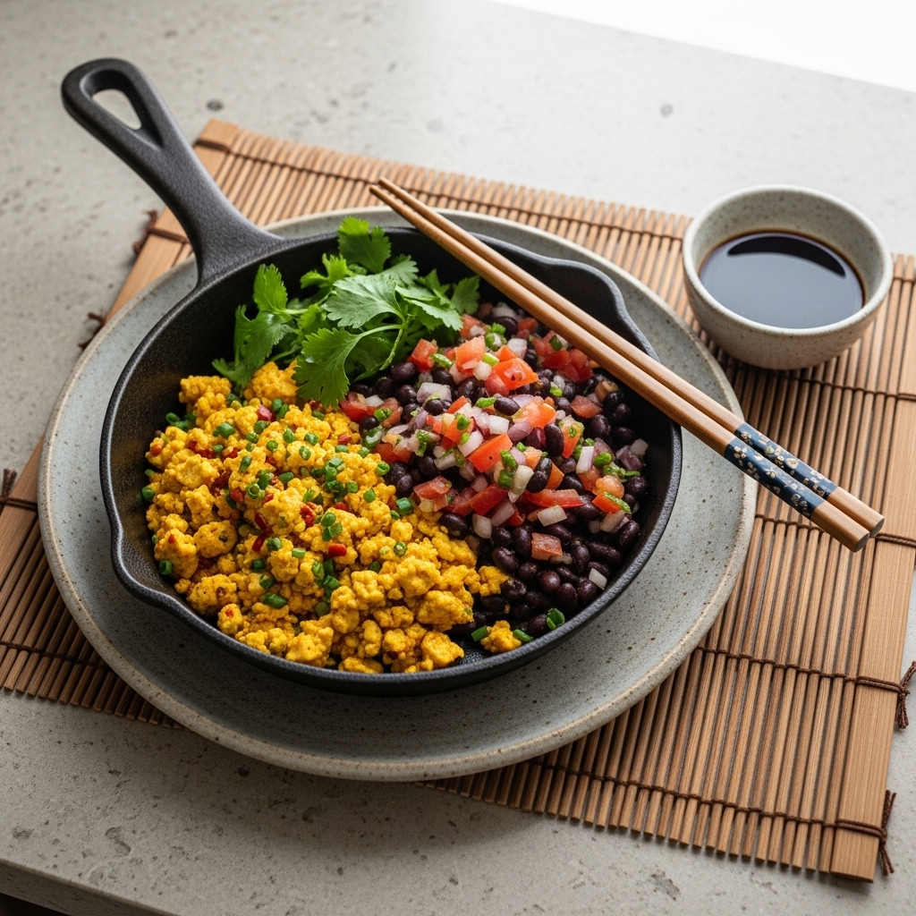 Veggie Tex-Mex Brunch Skillet: Spiced Toffu Scramble and Black Bean Salsa