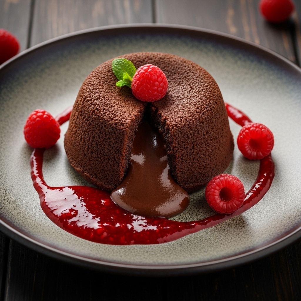 Velvety Chocolate Lava Cake with Raspberry Sauce